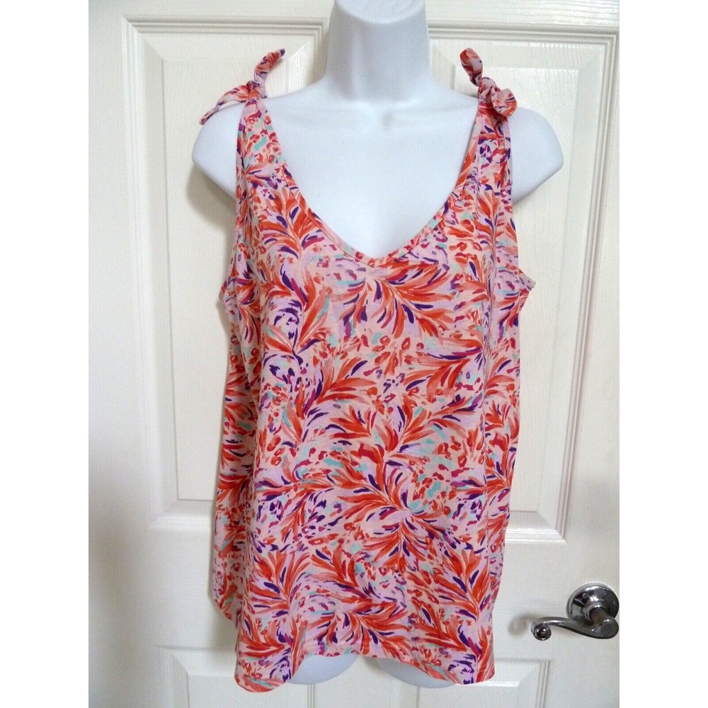 Stella Parker Womens Large 12/14 Tie Shoulder Blouse V-Neck Floral Cotton Top